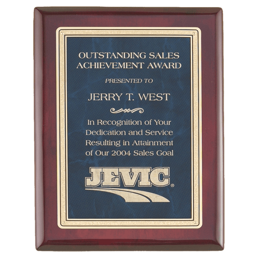 10 1/2" x 13" Rosewood Piano Finish Plaque with a Sapphire Marble/Gold Florentine Design LaserFX Plate