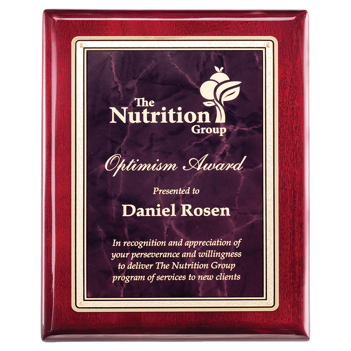 9" x 12" Rosewood Piano Finish Plaque with Ruby Marble/Gold Florentine Design LaserFX Plate