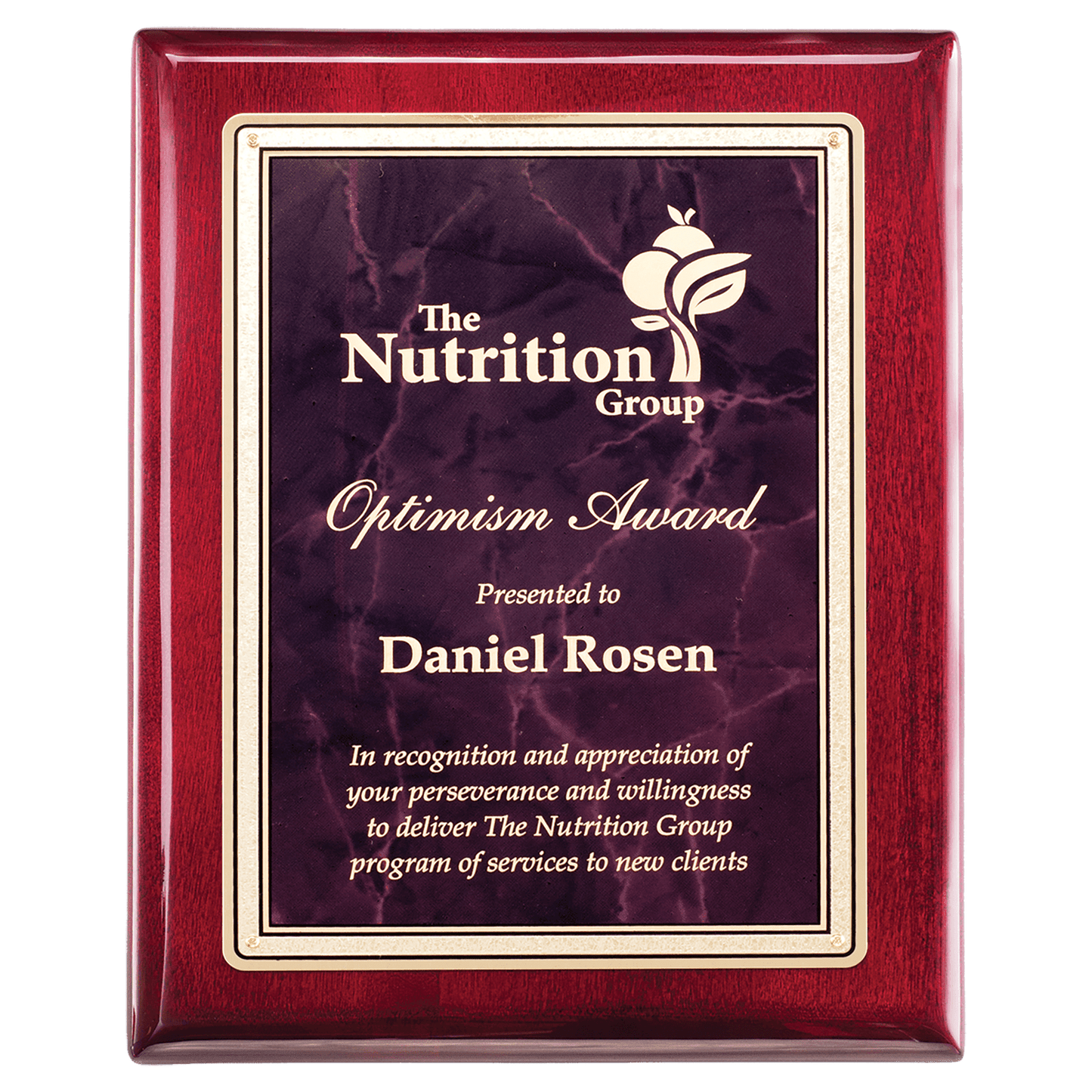 10 1/2" x 13" Rosewood Piano Finish Plaque with Ruby Marble/Gold Florentine Design LaserFX Plate