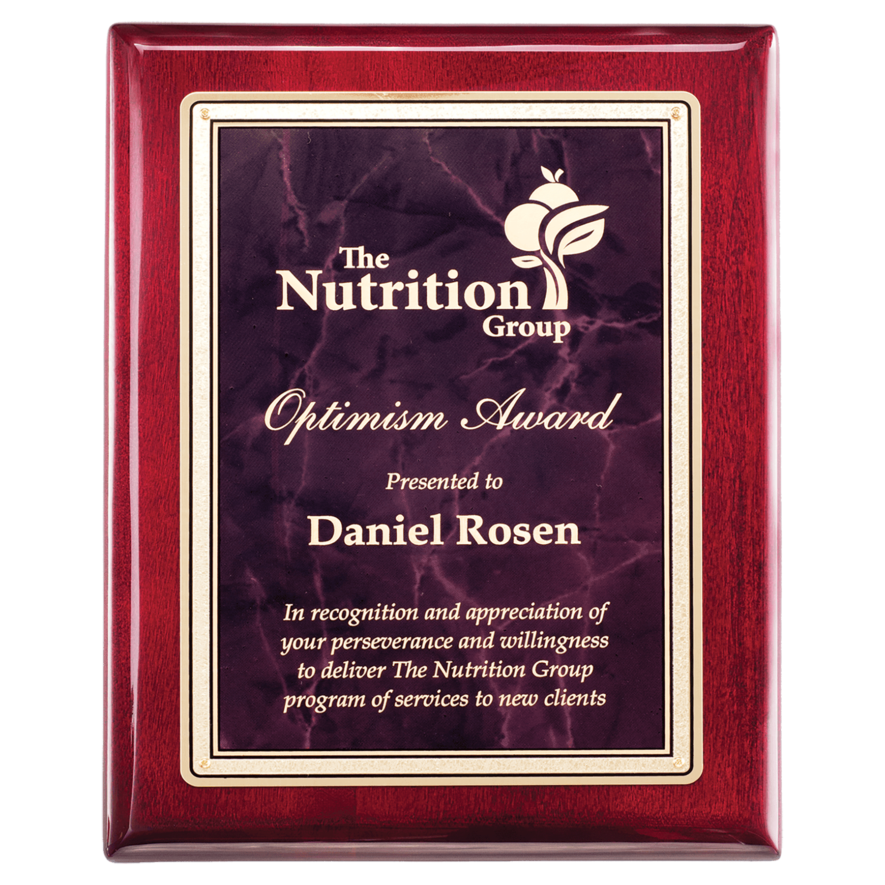 10 1/2" x 13" Rosewood Piano Finish Plaque with Ruby Marble/Gold Florentine Design LaserFX Plate