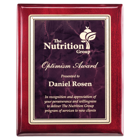 10 1/2" x 13" Rosewood Piano Finish Plaque with Ruby Marble/Gold Florentine Design LaserFX Plate