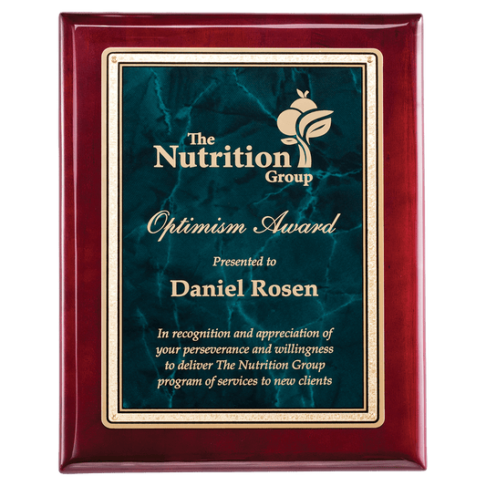 10 1/2" x 13" Rosewood Piano Finish Plaque with Emerald Marble/Gold Florentine Design LaserFX Plate