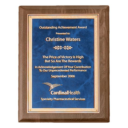 7" x 9" Airflyte Premium Walnut Piano Finish Plaque with Gold Florentine Border Sapphire Marble LaserFX Plate