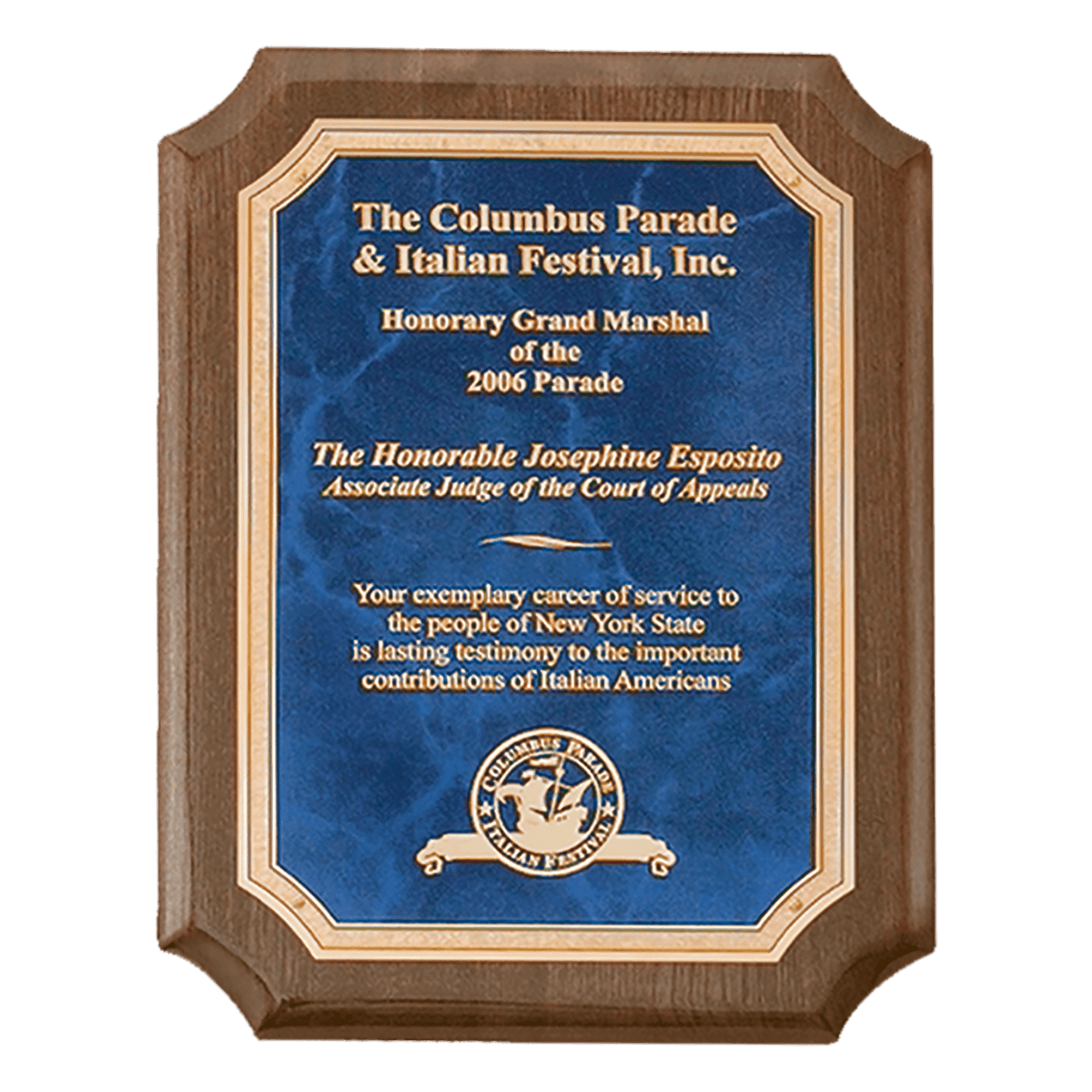 8" x 10 1/2" Airflyte Premium Walnut Piano Finish Plaque with Gold Florentine Border Sapphire Marble LaserFX Plate