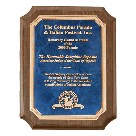 8" x 10 1/2" Airflyte Premium Walnut Piano Finish Plaque with Gold Florentine Border Sapphire Marble LaserFX Plate