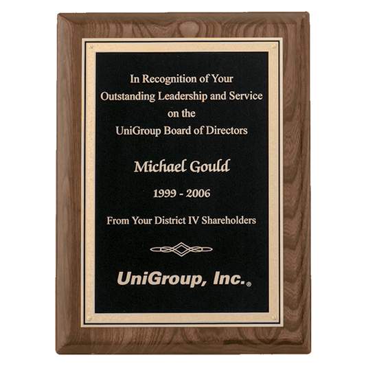 7" x 9" Airflyte Walnut Piano Finish Plaque with Textured Black/Gold FLorentine Border LaserFX Plate