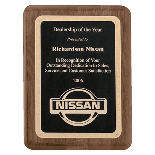 7" x 9" Airflyte Premium Walnut Piano Finish Plaque with Gold Florentine Border Textured Black LaserFX Plate