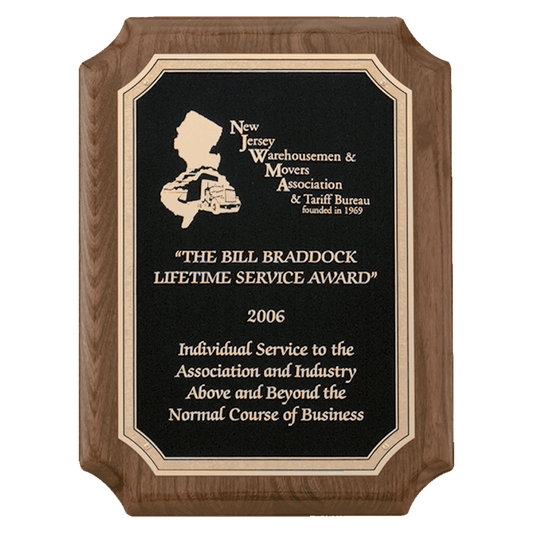 7" x 9" Airflyte Premium Walnut Piano Finish Plaque with Gold Florentine Border Textured Black LaserFX Plate