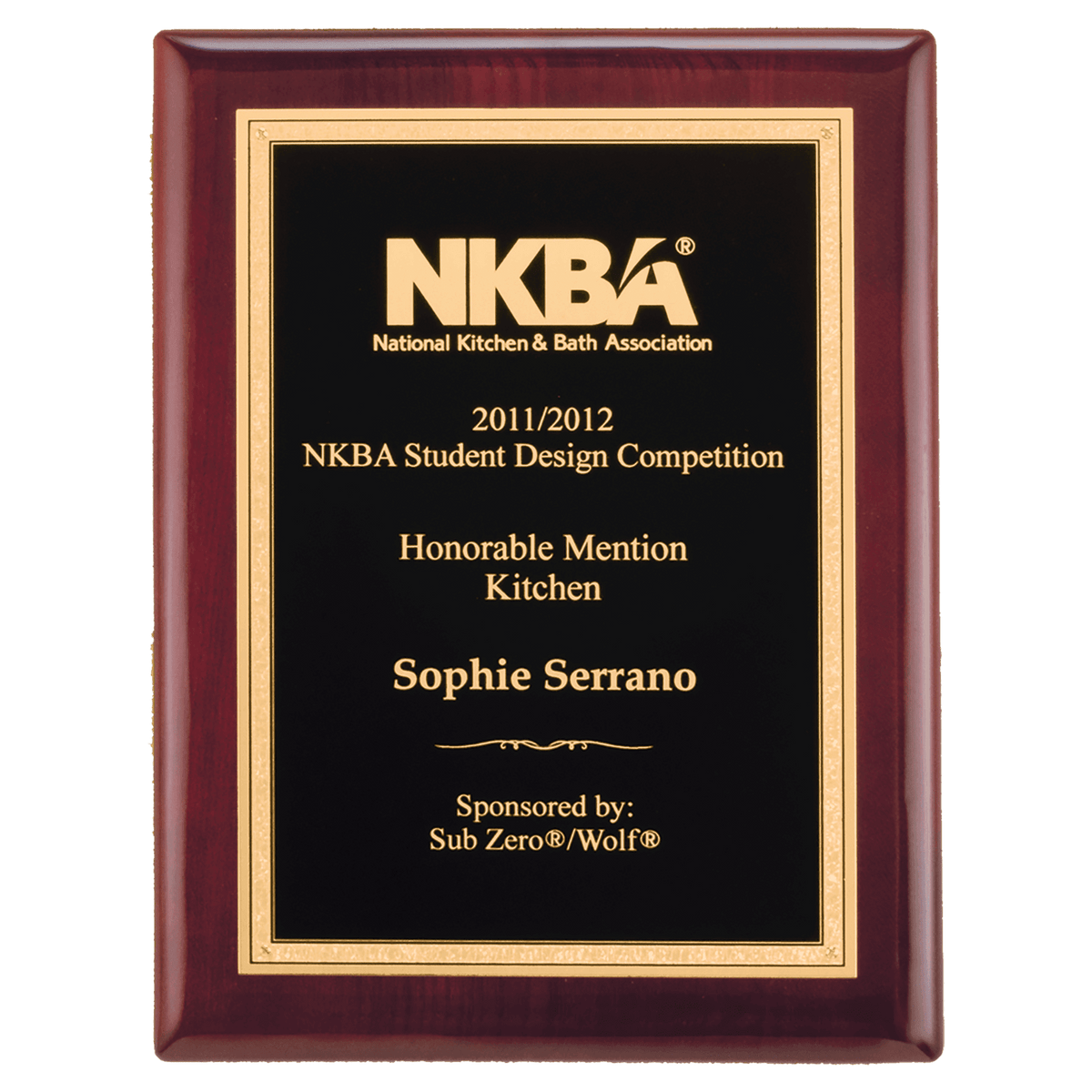 8" x 10" Airflyte Rosewood Piano Finish Plaque with Textured Black/Gold Florentine Border LaserFX Plate