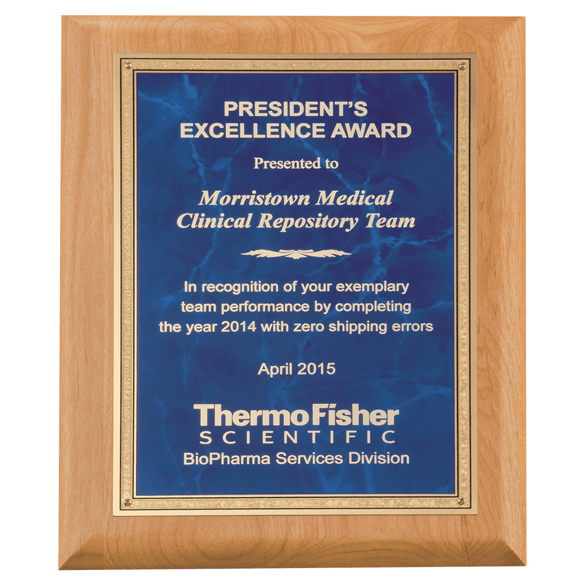 8" x 10" Natural Alder Wood Plaque with Sapphire Marble Gold Florentine Bordered LaserFX Plate