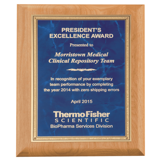 9" x 12" Natural Alder Wood Plaque with Sapphire Marble Gold Florentine Bordered LaserFX Plate