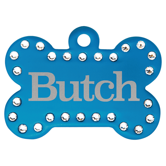 Blue Engravable Anodized Aluminum Swarovski Bling Bone with Tab - 1 1/2" x 1"
