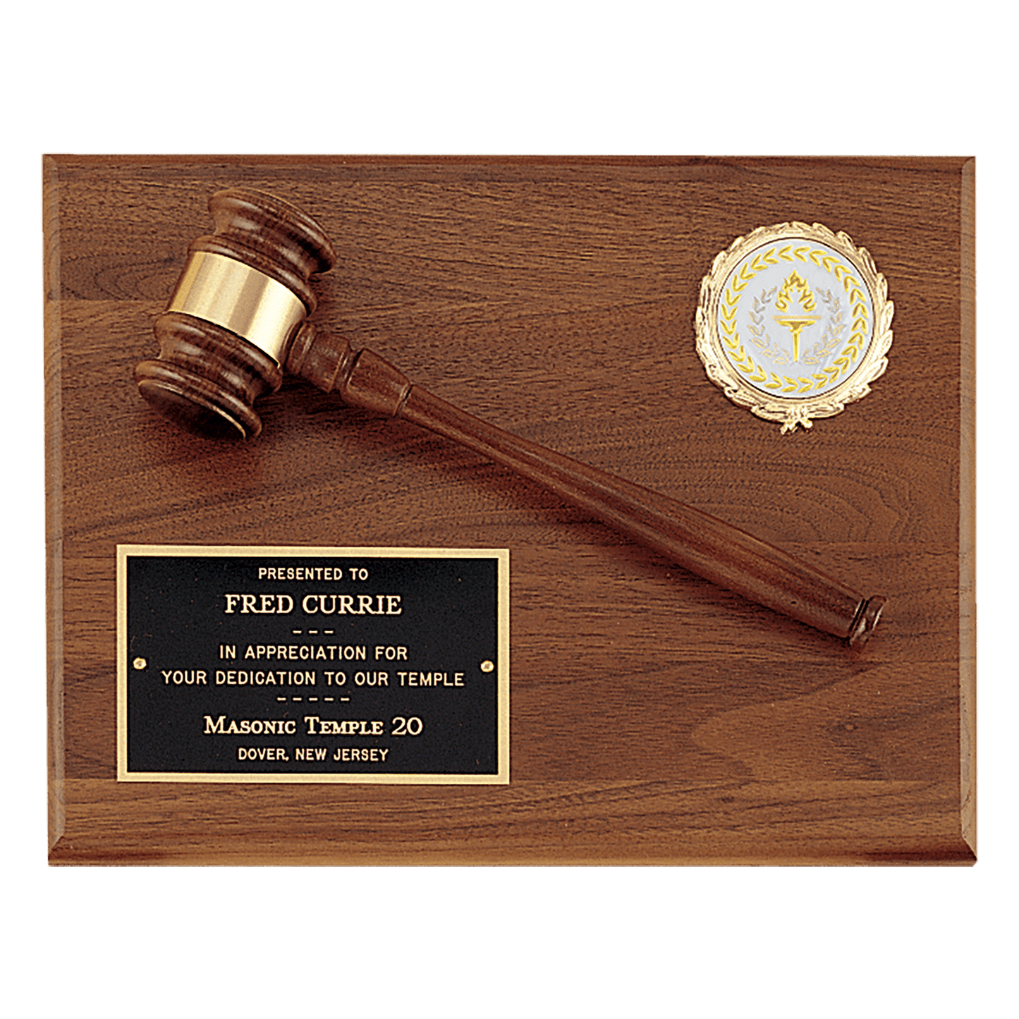 Solid Walnut Plaque with a Walnut Gavel, Gold Gavel Band, Black Laserable Brass Plate and 2" Insert Holder (Insert Sold Se...