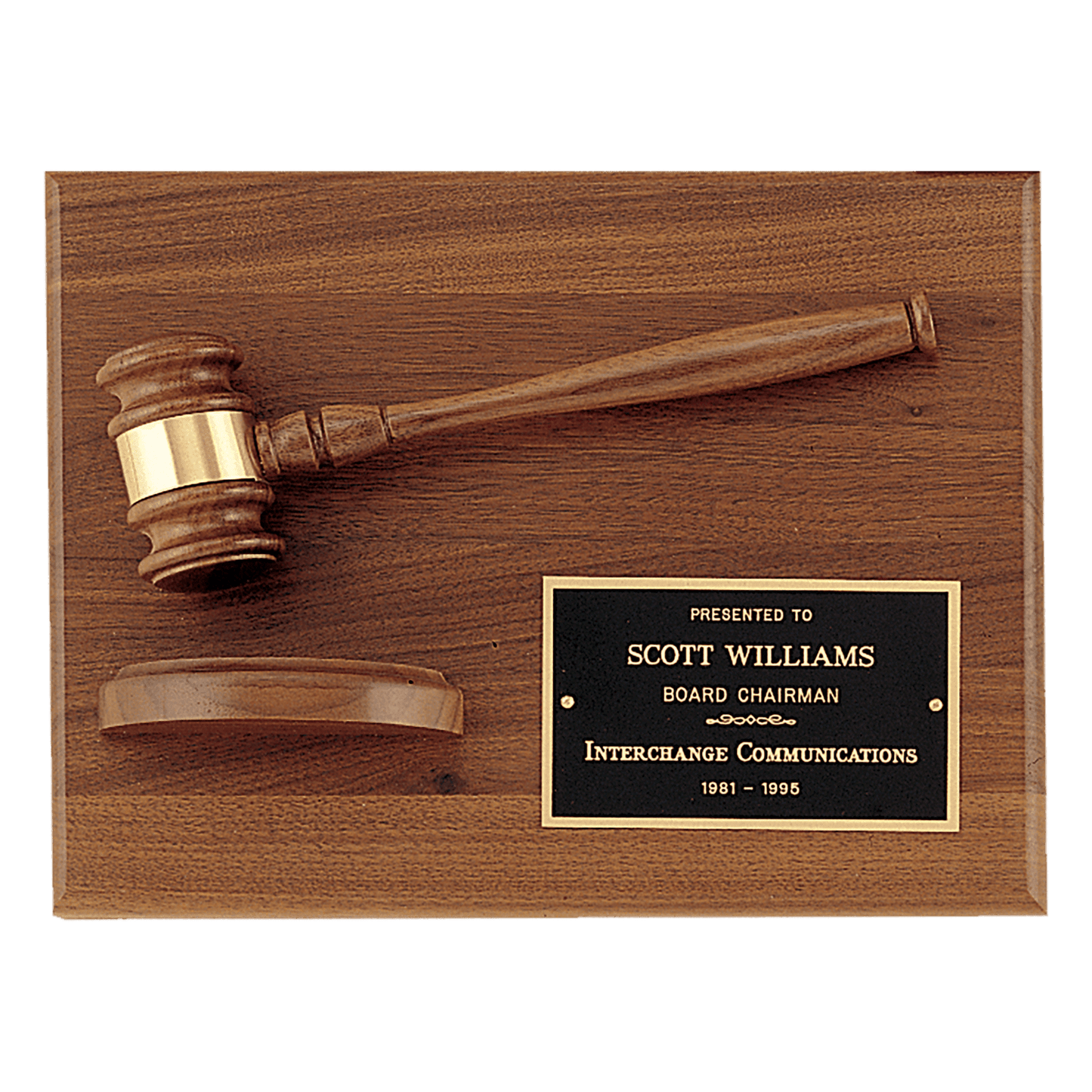9" x 12" Solid Walnut Plaque with a Walnut Gavel, Gold Gavel Band, Black Laserable Brass Plate and a Walnut Half Sounding...