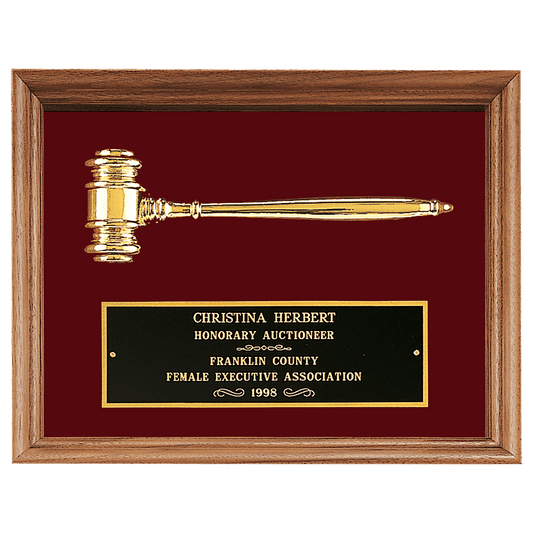10" x 13" Gold Electroplated Gavel in a Walnut Frame with Maroon Velour Background and Black Laserable Brass Plate