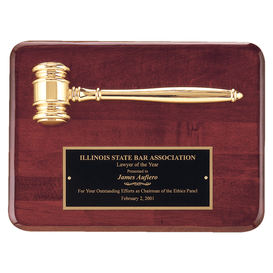 9" x 12" Rosewood Piano Finish Plaque with a Gold Electroplated Gavel and Laserable Black Brass Plate for Personalization