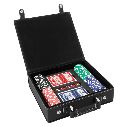 Black/Silver Engravable Leatherette 100 Chip Poker Set
