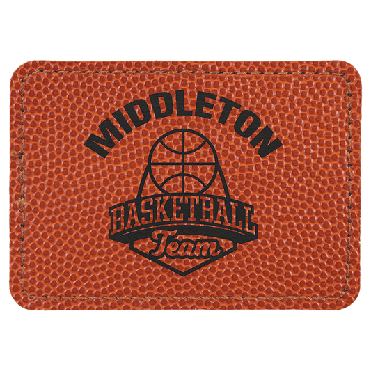 Rectangle Basketball Engravable Leatherette Patch with Adhesive - 3 1/2" x 2 1/2"