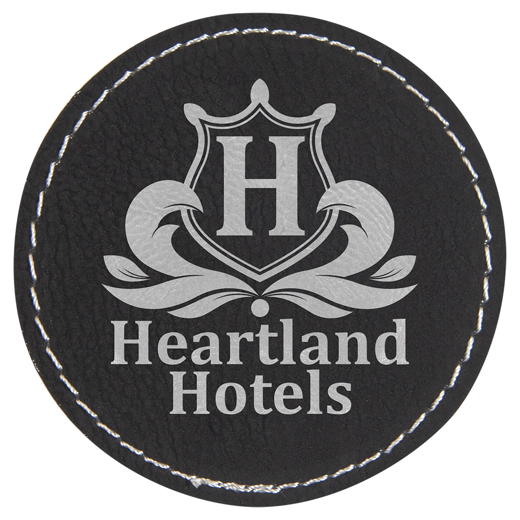 Round Black/Silver Engravable Leatherette Patch with Adhesive - 2 1/2"