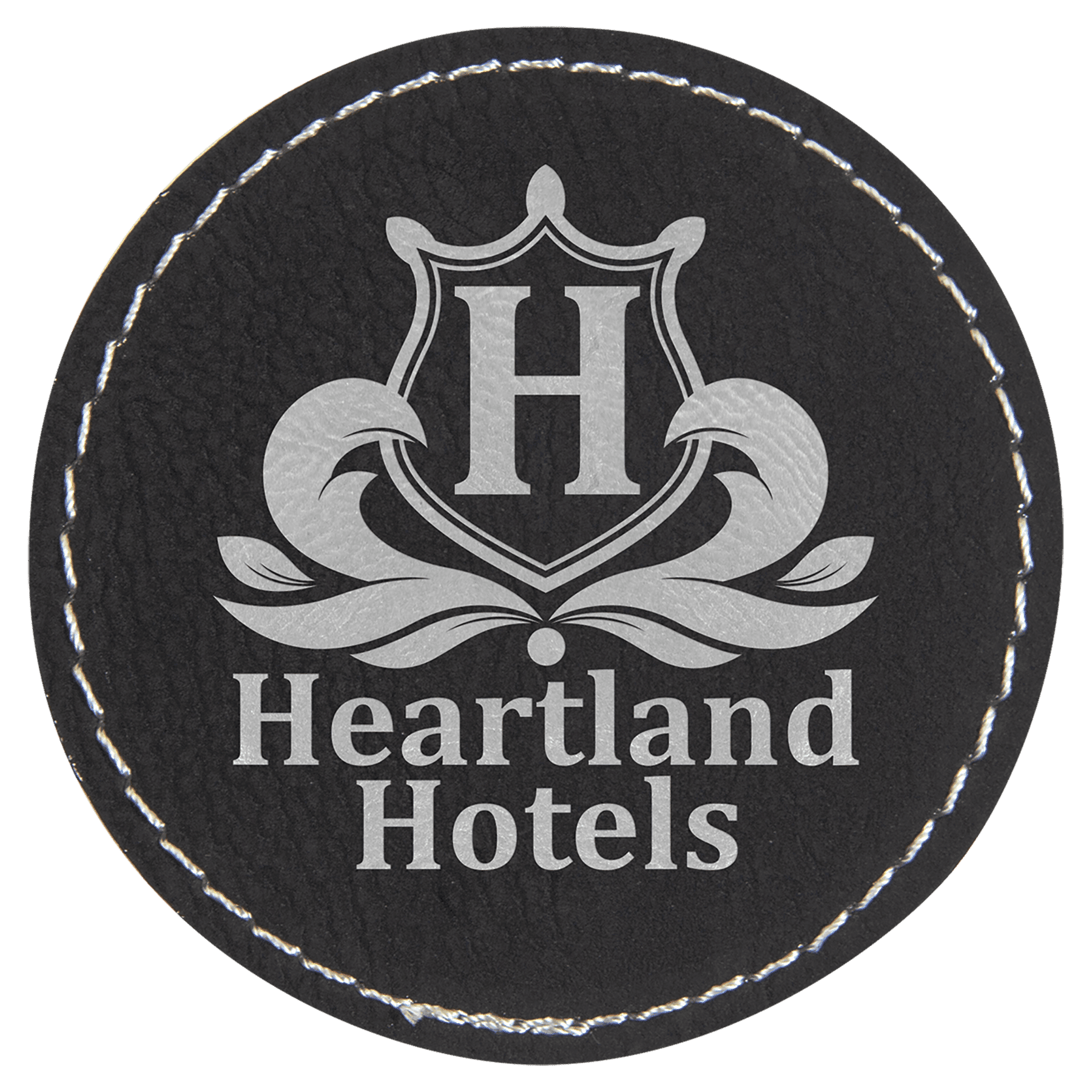 Black/Silver Engravable Leatherette Round Patch with Kota Pro Adhesive - 2 1/2"