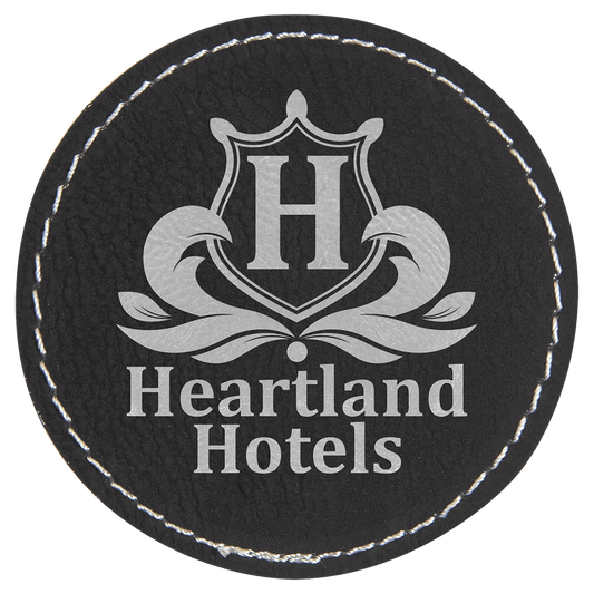 Black/Silver Engravable Leatherette Round Patch with Kota Pro Adhesive - 2 1/2"