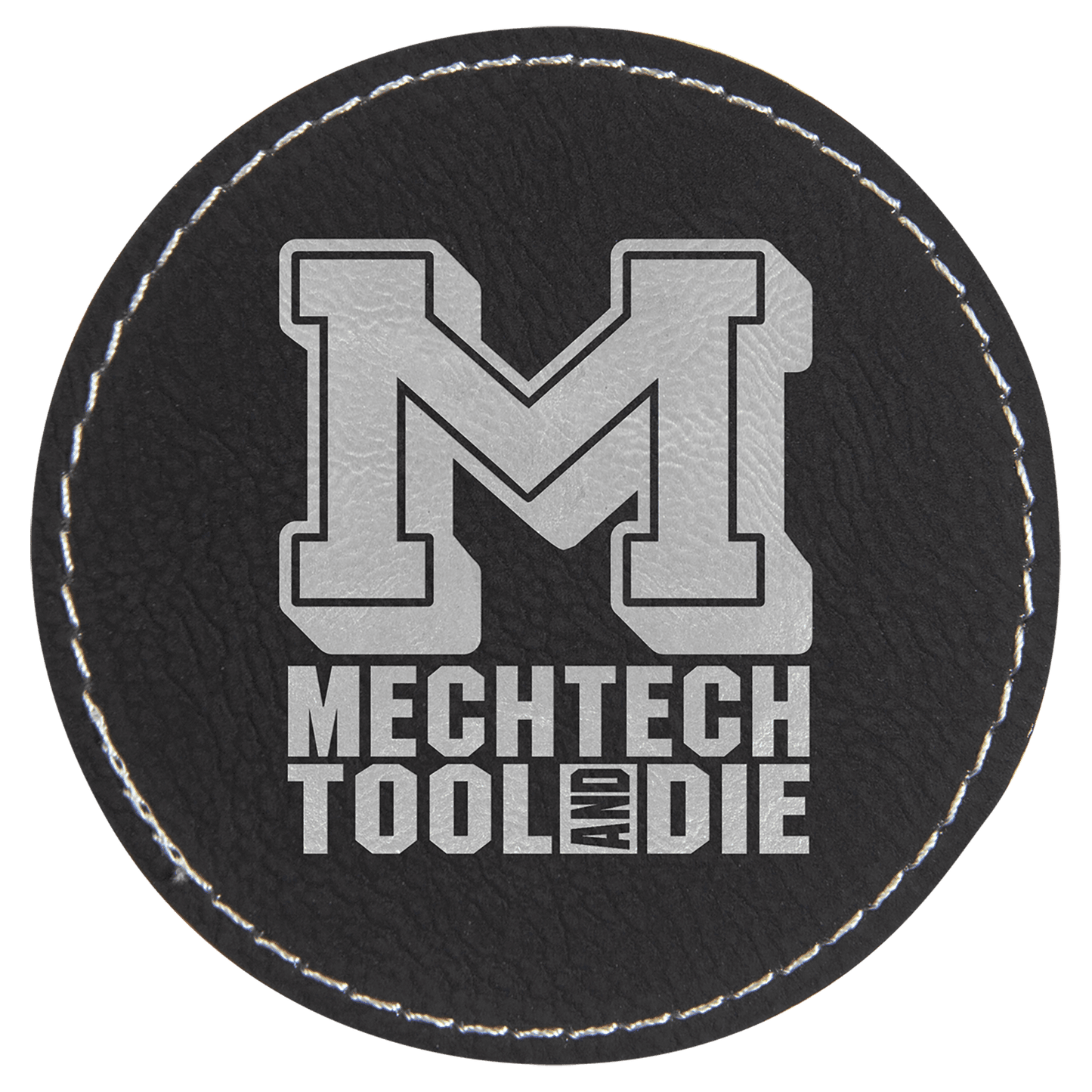 Black/Silver Engravable Leatherette Round Patch with Kota Pro Adhesive - 3"
