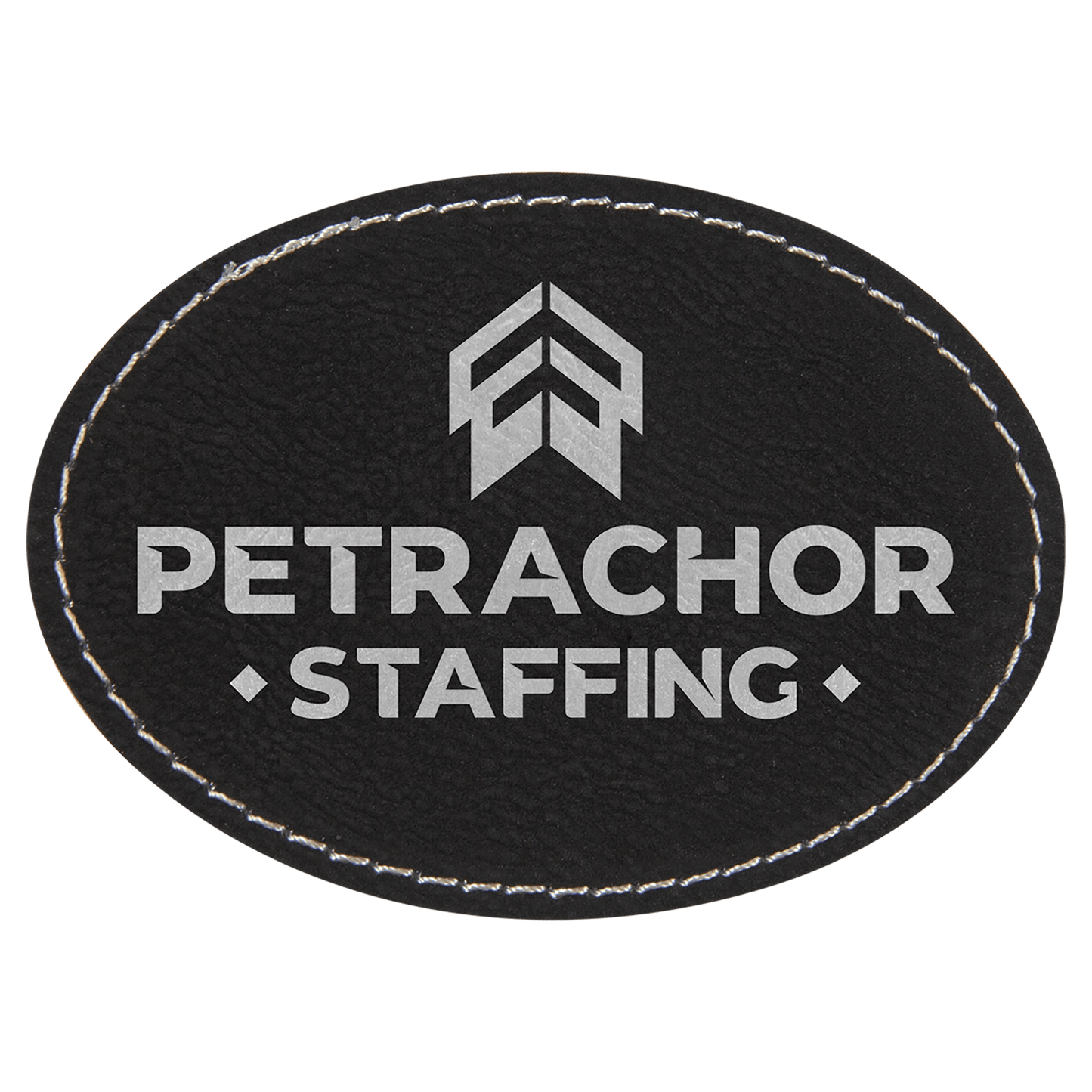Black/Silver Engravable Leatherette Oval Patch with Adhesive - 3 1/2" x 2 1/2"