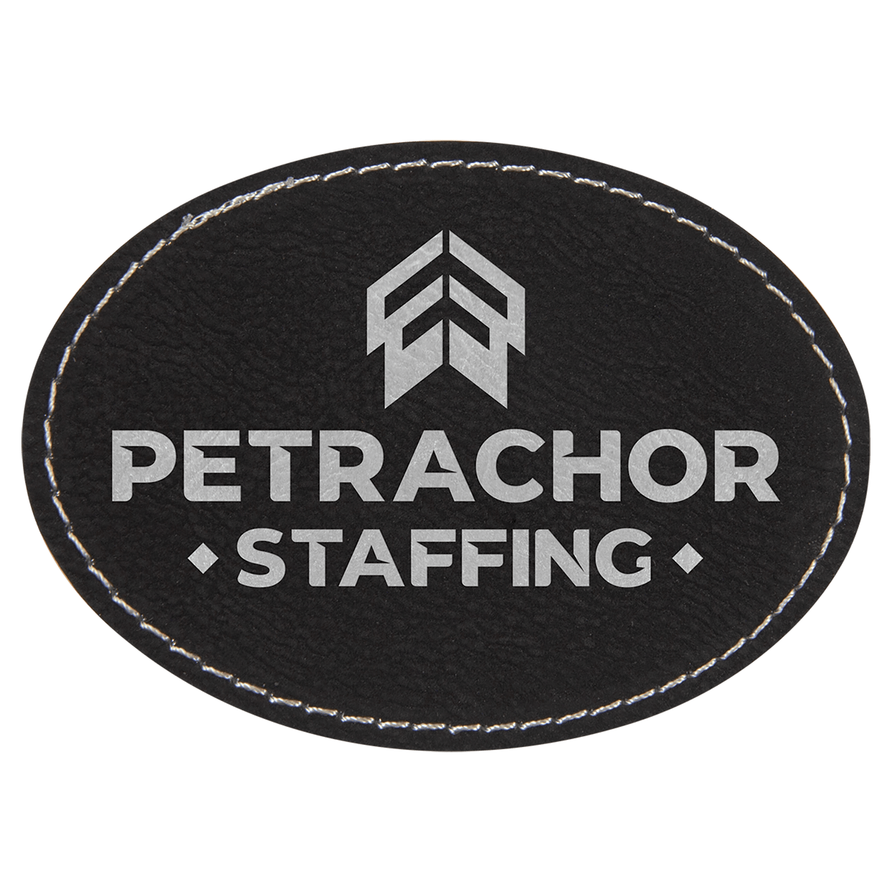 Black/Silver Engravable Leatherette Oval Patch with Adhesive - 3 1/2" x 2 1/2"