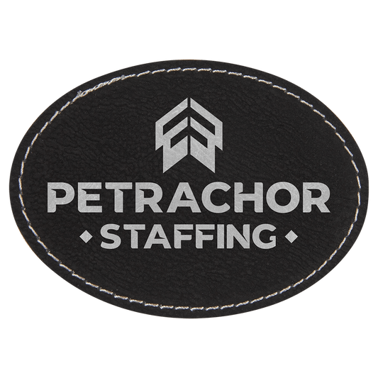 Black/Silver Engravable Leatherette Oval Patch with Adhesive - 3 1/2" x 2 1/2"