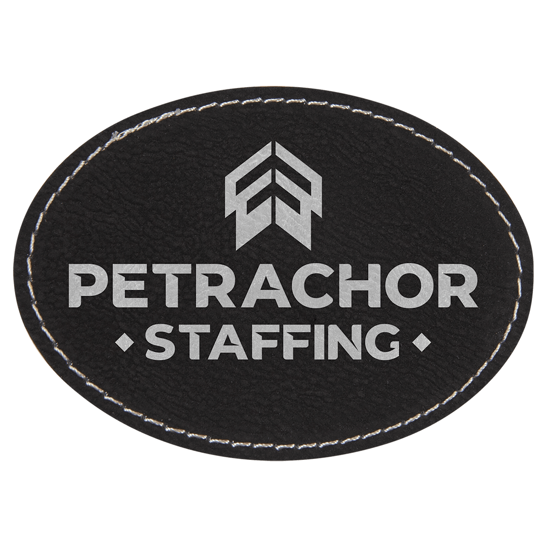 Black/Silver Engravable Leatherette Oval Patch with Kota Pro Adhesive - 3 1/2" x 2 1/2"