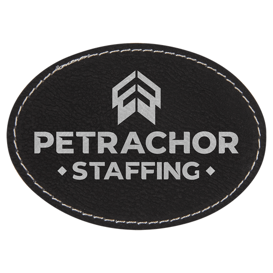 3 1/2" x 2 1/2" Black/Silver Laserable Leatherette Oval Patch with Kota Pro Adhesive