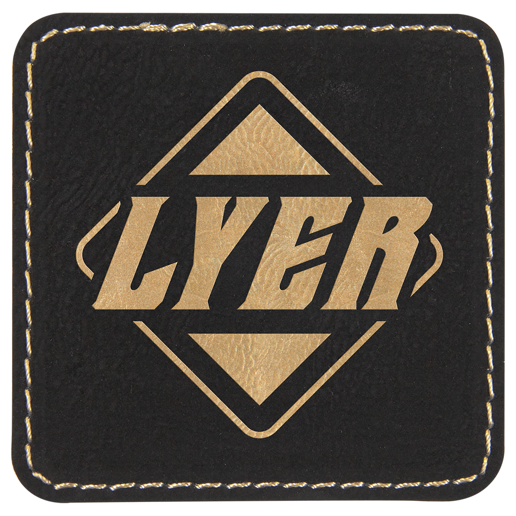 Black/Gold Square Engravable Leatherette Patch with Adhesive - 2 1/2" x 2 1/2"