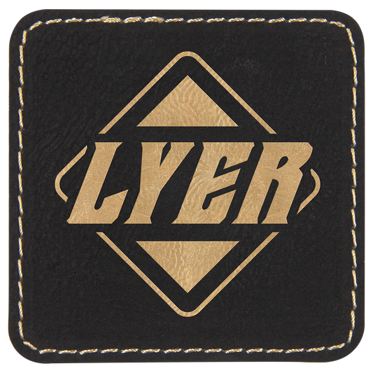 Black/Gold Square Engravable Leatherette Patch with Adhesive - 2 1/2" x 2 1/2"