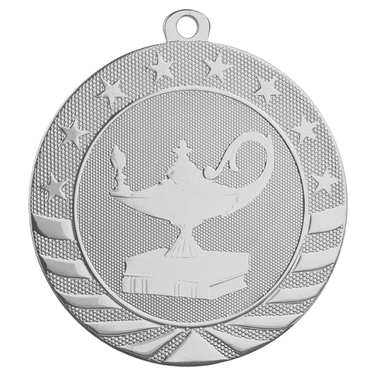 Bright Silver Lamp of Knowledge Starbrite Medal - 2 3/4"