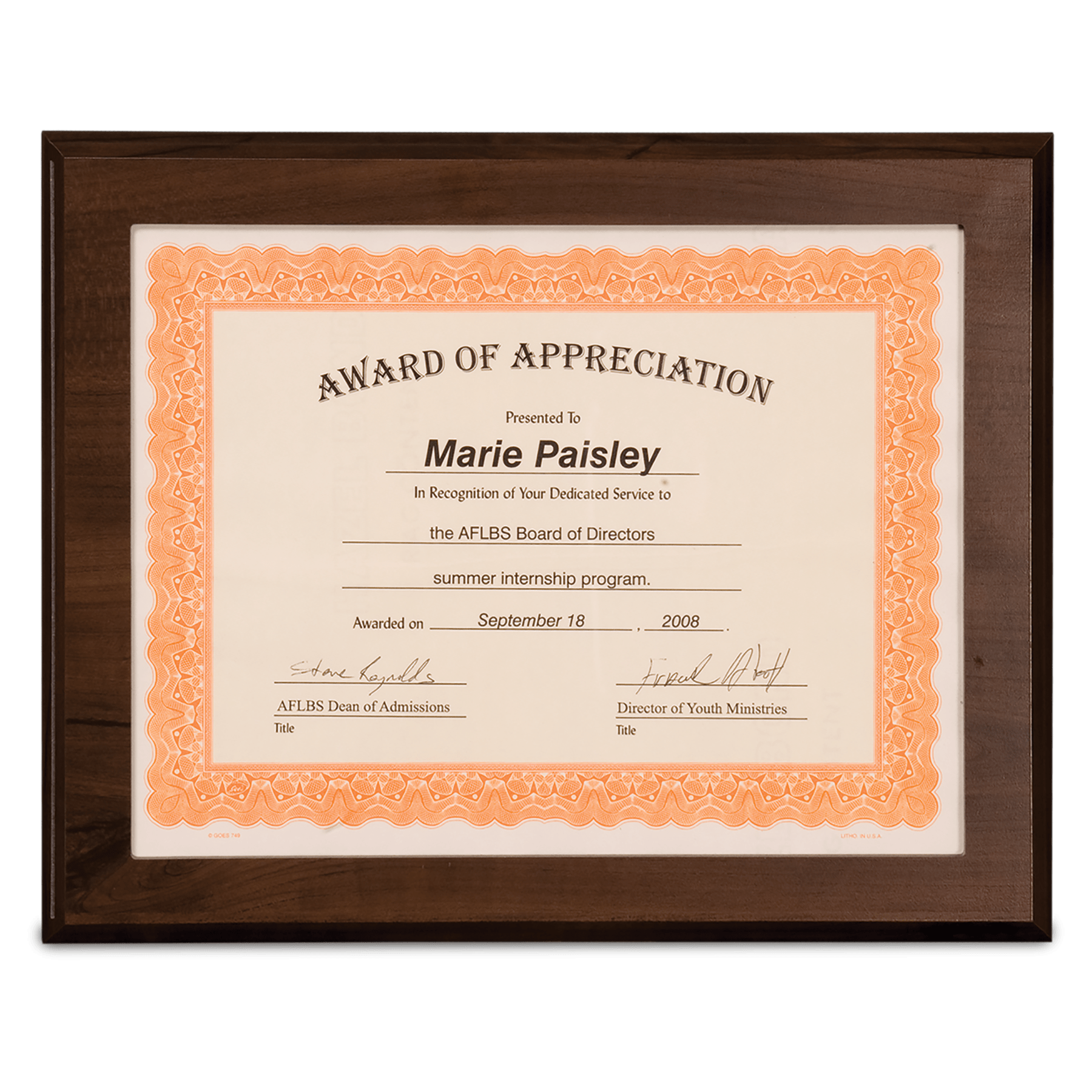 Cherry Finish Slide-In Frame Plaque with 11" x 8 1/2" Window - 13" x 10 1/2"