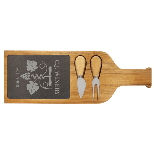 Acacia Wood/Slate Serving Board with Two Tools - 17 1/2" x 6"