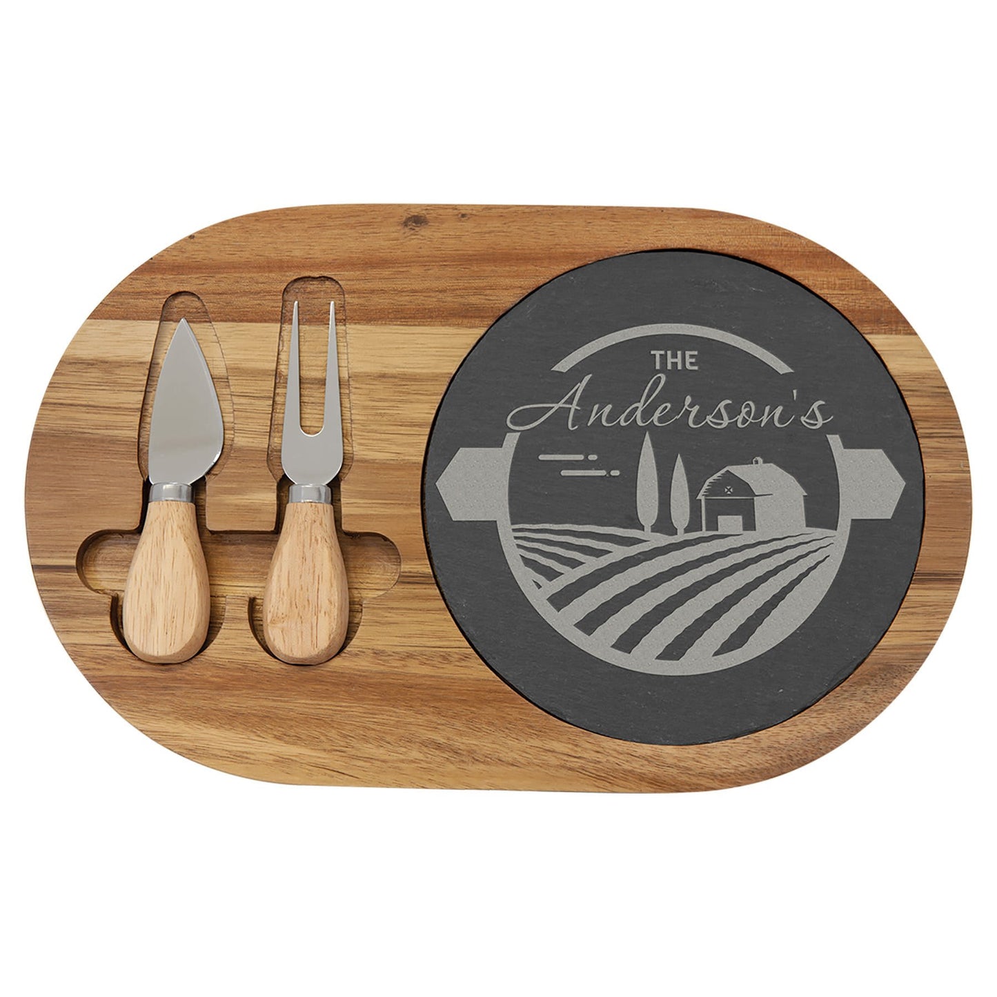 Acacia Wood/Slate Oval Cheese Set with Two Tools - 12 1/2" x 7 3/4"