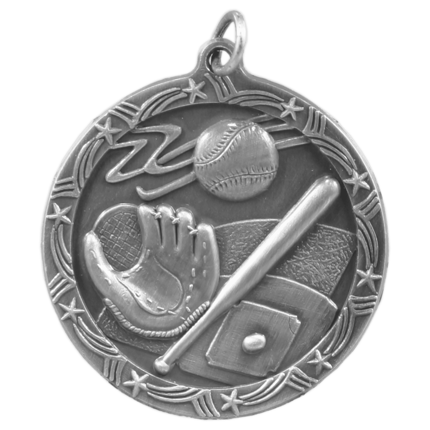 Antique Silver Baseball/Softball Shooting Star Medal - 1 3/4"