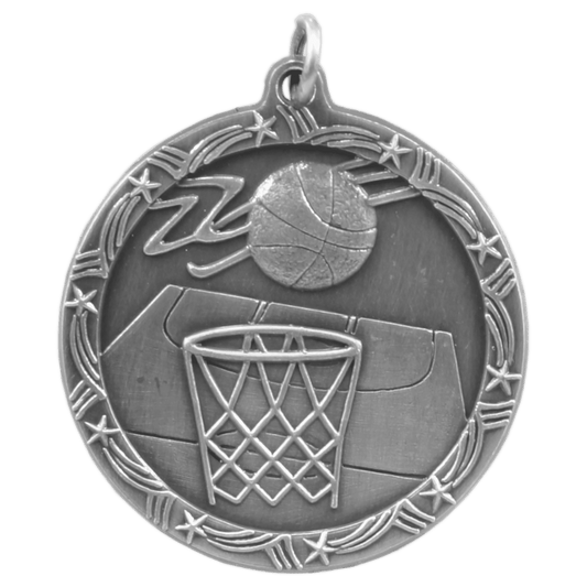 Antique Silver Basketball Shooting Star Medal - 1 3/4"