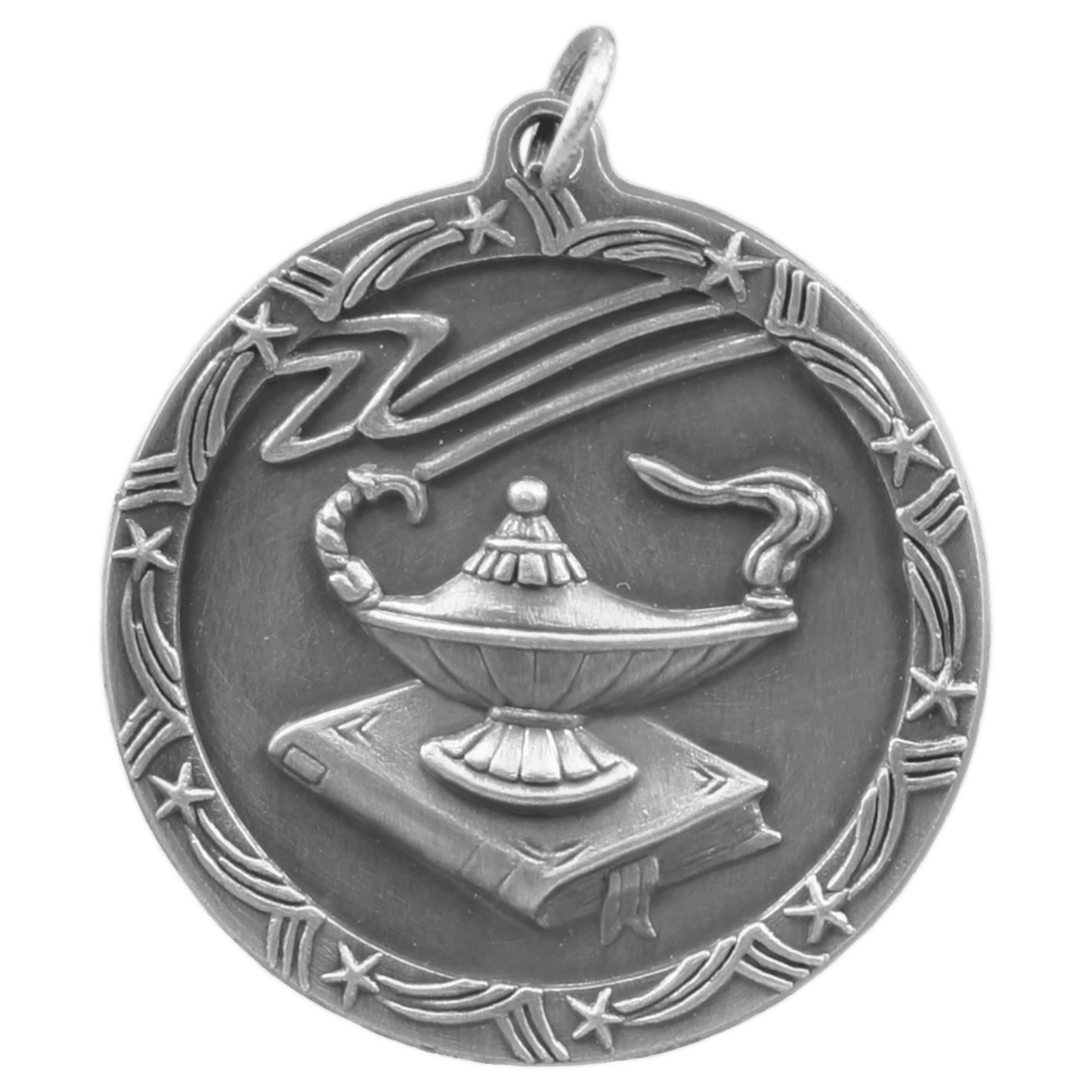 1 3/4" Antique Silver Lamp of Knowledge Shooting Star Medal