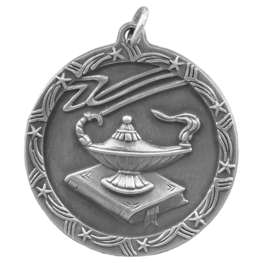 Antique Silver Lamp of Knowledge Shooting Star Medal - 1 3/4"