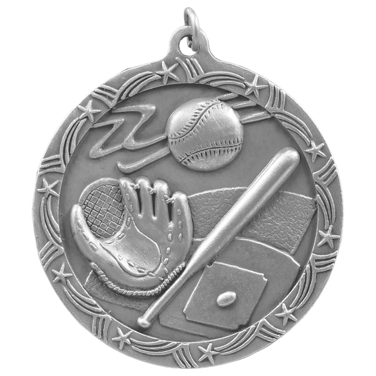 Antique Silver Baseball/Softball Shooting Star Medal - 2 1/2"