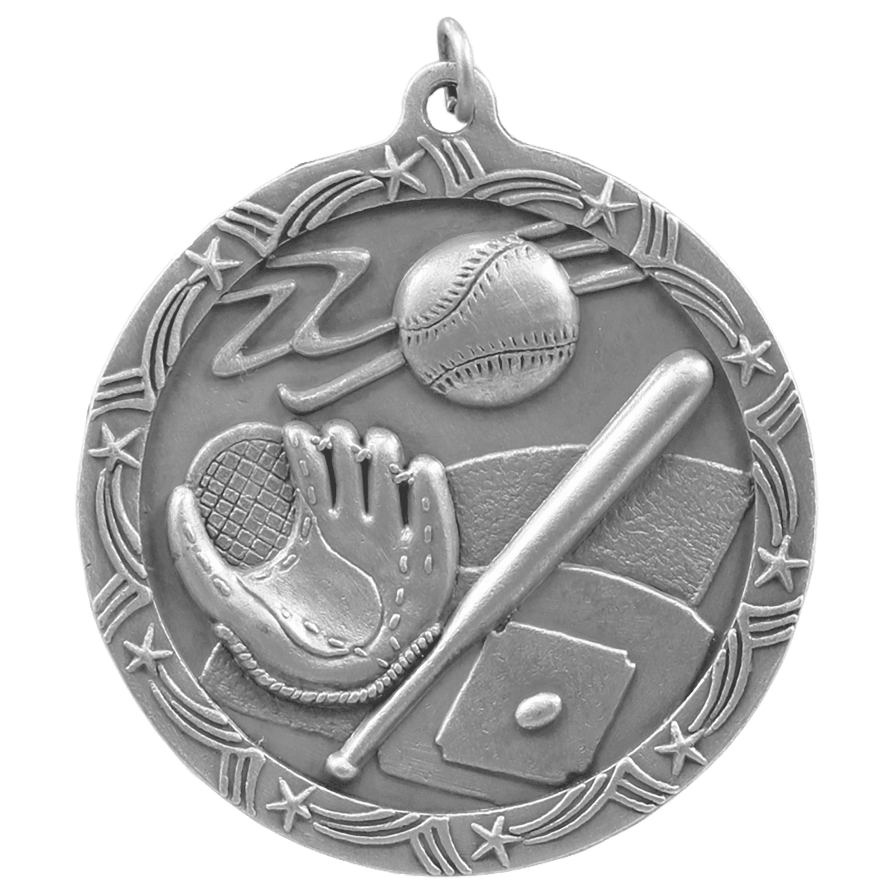 Antique Silver Baseball/Softball Shooting Star Medal - 2 1/2"
