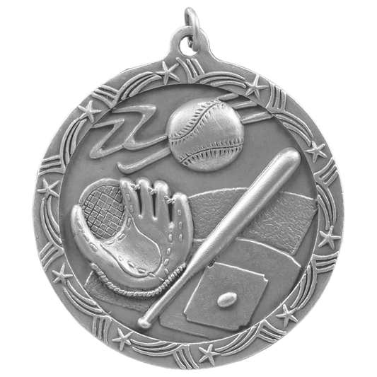 Antique Silver Baseball/Softball Shooting Star Medal - 2 1/2"