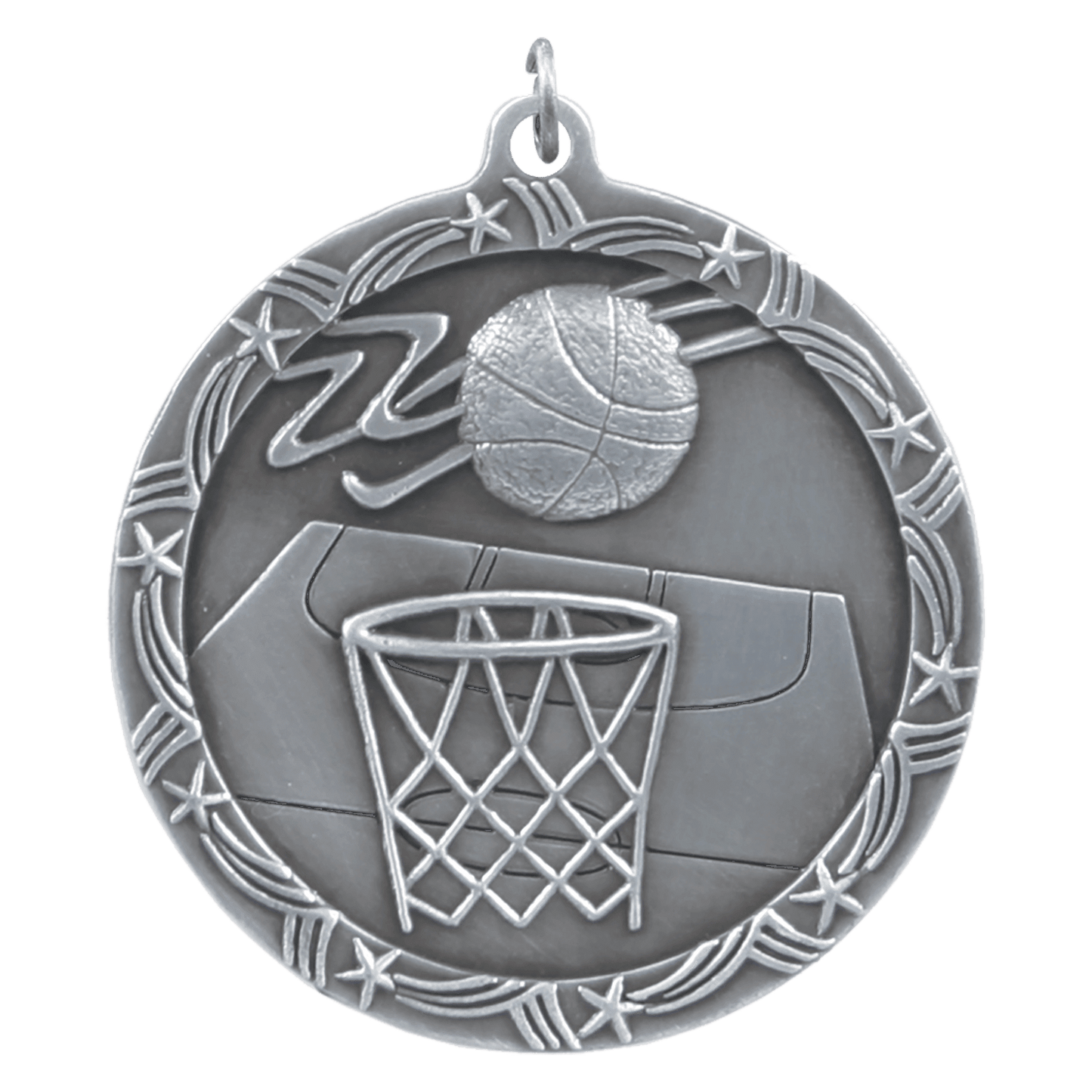Antique Silver Basketball Shooting Star Medal - 2 1/2"