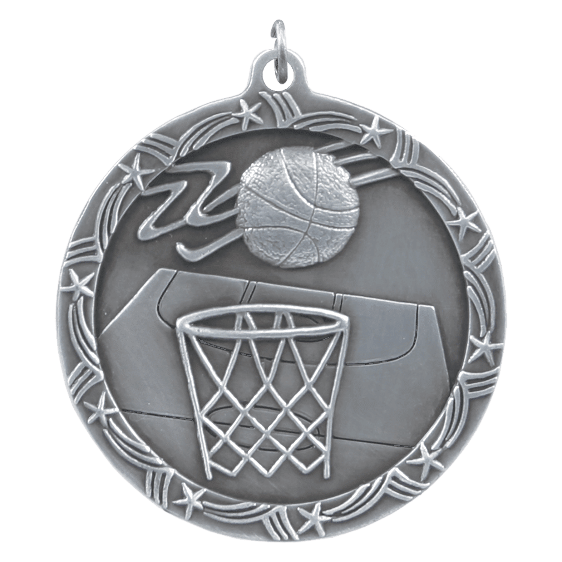 Antique Silver Basketball Shooting Star Medal - 2 1/2"