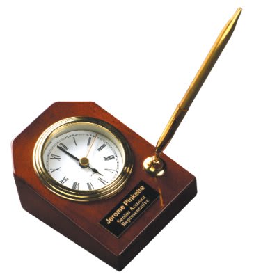 Rosewood Piano Finish Desk Clock with Pen - 3 5/8" x 4 3/4"