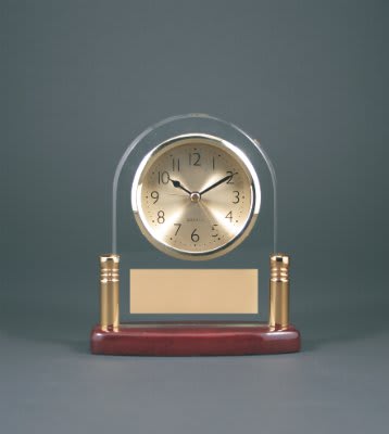 Arch Glass Desk Clock with Metal Posts & Rosewood Piano Finish - 6 1/2"