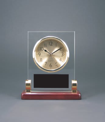 Rectangle Glass Desk Clock with Metal Posts & Rosewood Piano Finish - 6 1/2"