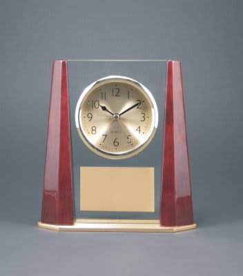 Glass Desk Clock with Rosewood Finish Bevel Columns - 7"